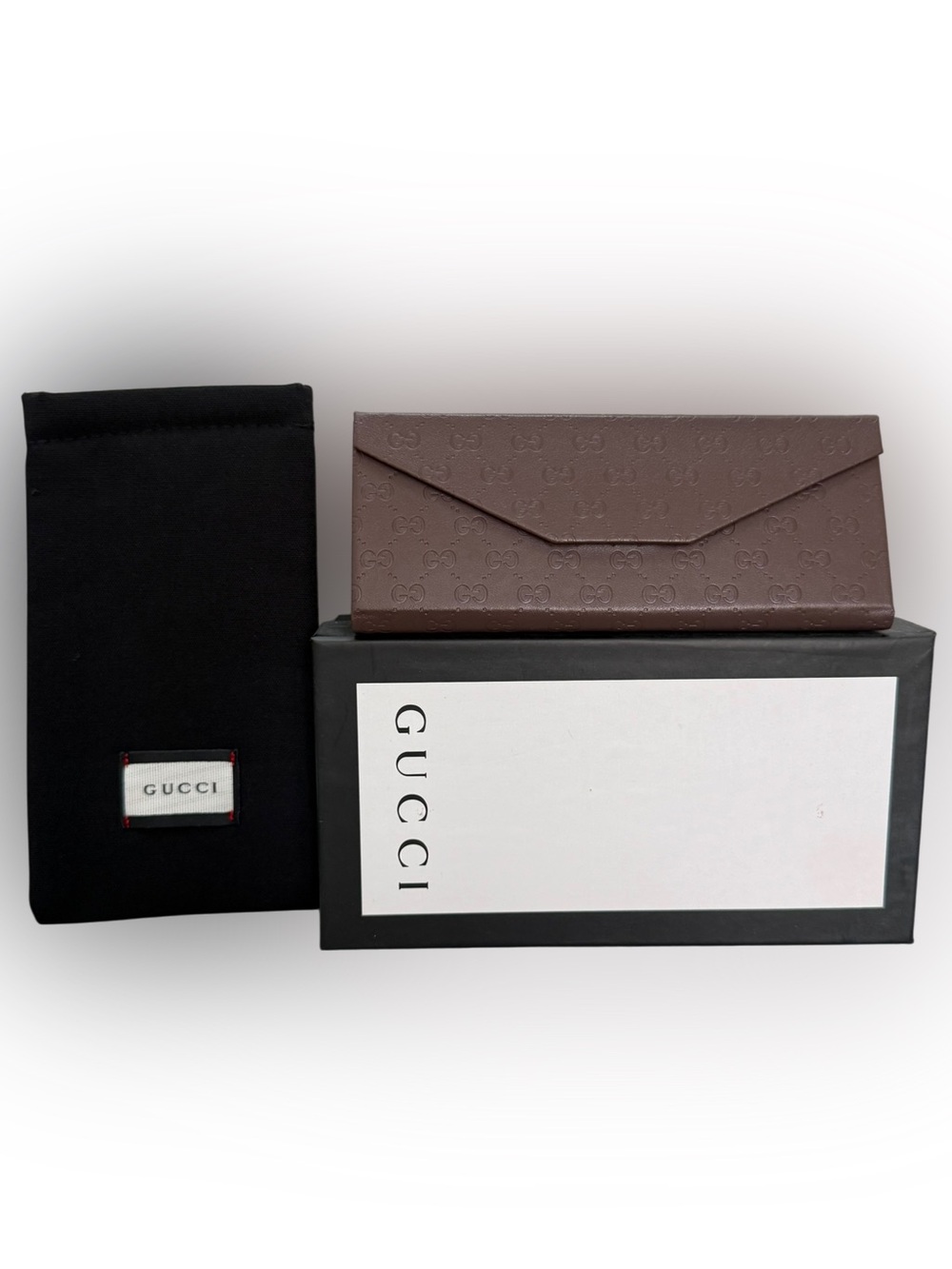 Gucci Dark Brown Embossed Sunglasses Glasses Case with Soft Pouch & Box